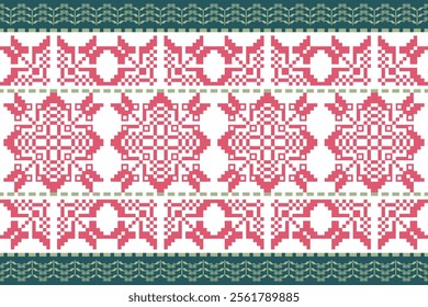 Ethnic pattern of pink and green flower on beige background. Geometric shape, square, pixel, fabric design, classic, luxury, native, and modern concepts for textile, fashion, wallpaper and decoration.