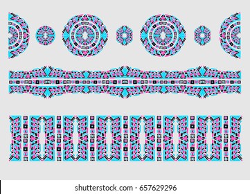 Ethnic pattern. Print on neckline. Asian ornament. Tribal art. Japanese, African, Aztec, Oriental pattern. The decoration of clothes. Lace, ribbon, border.