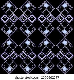 Ethnic pattern of purple pixel in geometric diamond shape on black background. Hand-drawn, pixel, square, classic, luxury, pastel, craft, native, tradition concept for texture, decor, fabric design.