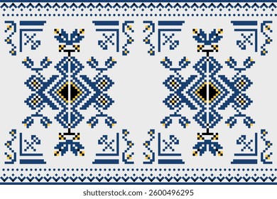 Ethnic pattern seamless of abstract geometric blue, yellow, black. Diamond, circle, flower shape, art, batik, motifs, embroidery for textiles, fabric texture, home decoration. Ethnic geometric design.