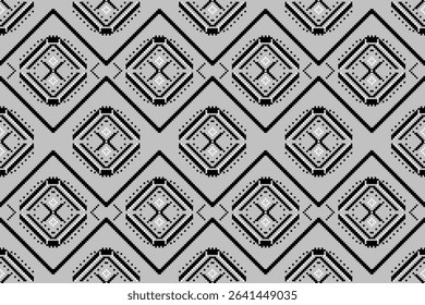 Ethnic pattern seamless of black pixel in diamond shape on gray background. Geometric motifs vector. Concept of tribal, vintage, classic, zig zag for batik, wallpaper, textiles, carpet embroidery.