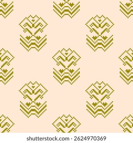Ethnic pattern seamless of green-yellow tone geometric shape. Concept of abstract motifs, square, pixel, vintage, classic, beautiful, native for textiles, design, wallpaper, decoration, wrapping.