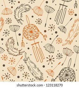 Ethnic pattern. Seamless national background with flowers, feathers and dream catchers. Background in the Indian style for design and decoration