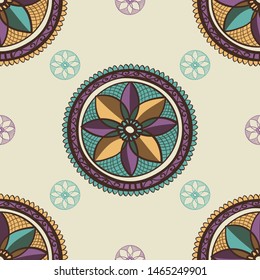 ethnic pattern seamless textile ornament with purple yellow green blue doodle hand dawn abstract graphic flower , vector illustration
