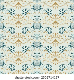 Ethnic Pattern. Seamless Vector Ornament. Ornamental motifs. Seamless pattern in ethnic traditional style. Flowers. Greece. Green, orange, light background. Wallpaper, Weeding invitation