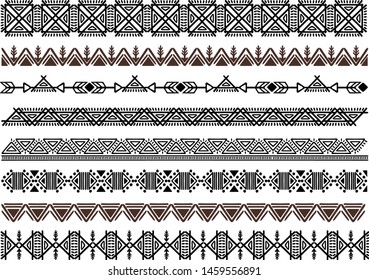 Ethnic pattern. Set. Handmade. Horizontal stripes. Black and white print for your textiles. Vector illustration. Boho style vintage collection.