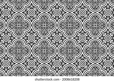 Ethnic pattern in the style of oriental, asian, indian handmade. Geometric black white background. Template for creativity, coloring, design.