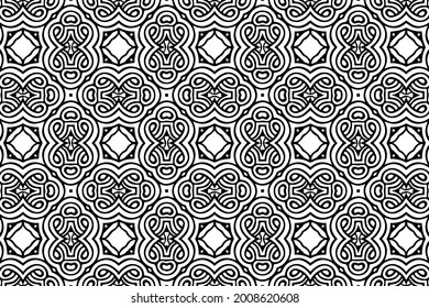 Ethnic pattern in the style of oriental, asian, indian handmade. Geometric beautiful black white background. Template for creativity, coloring, design.