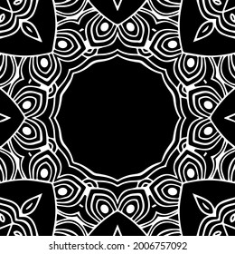 Ethnic pattern in the style of oriental, Indian handmade. Geometric isolated black white unique frame for text. Template for creativity, coloring, design.