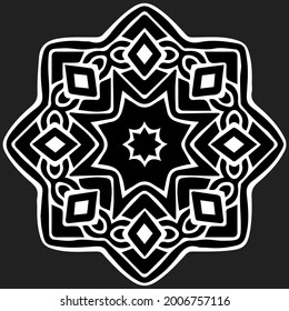 Ethnic pattern in the style of oriental, Indian handmade. Geometric isolated black white decorative element for ornament, mandala. Template for creativity, coloring, tattoo.
