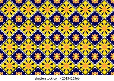 Ethnic pattern with switching rectangle style. Geometric ethnic pattern seamless as traditional pattern. Rectangle with triangle in yellow, navy blue, and orange color. Design for fabric, background.