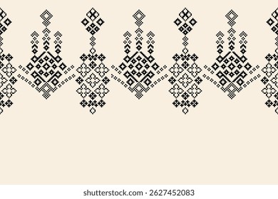 Ethnic pattern traditional fabric motif ikat geometric cross stitch.Ikat embroidery Ethnic oriental Pixel brown color label background. Abstract,vector. Texture,decoration,wallpaper.