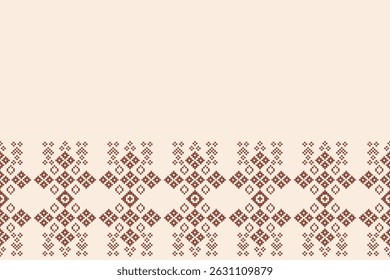 Ethnic pattern traditional fabric motif ikat geometric cross stitch.Ikat embroidery Ethnic oriental Pixel brown color label background. Abstract,vector. Texture,decoration,wallpaper.