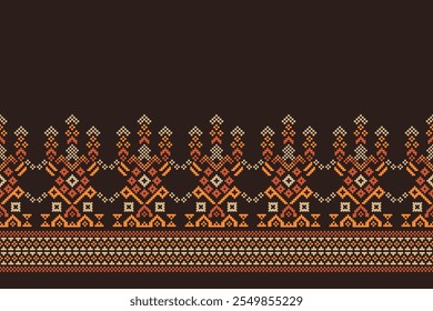 Ethnic pattern traditional motif ikat geometric fabric pattern cross stitch.Ikat embroidery Ethnic oriental Pixel brown background.Abstract,vector,illustration. Texture,decoration,wallpaper.