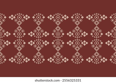 Ethnic pattern traditional motif ikat geometric fabric pattern cross stitch.Ikat embroidery Ethnic oriental Pixel brown background.Abstract,vector,illustration. Texture,decoration,wallpaper.
