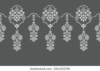 Ethnic pattern traditional motif ikat geometric fabric pattern cross stitch.Ikat embroidery Ethnic oriental Pixel gray grey background.Abstract,vector,illustration. Texture,decoration,wallpaper.