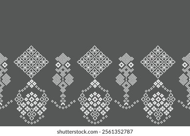 Ethnic pattern traditional motif ikat geometric fabric pattern cross stitch.Ikat embroidery Ethnic oriental Pixel gray grey background.Abstract,vector,illustration. Texture,decoration,wallpaper.