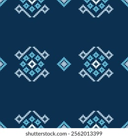 Ethnic pattern traditional motif ikat geometric fabric pattern cross stitch.Ikat embroidery Ethnic oriental Pixel blue background.Abstract,vector,illustration. Texture,decoration,wallpaper.