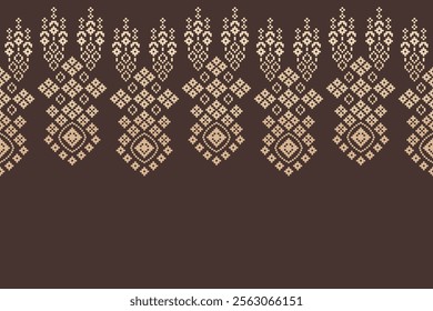 Ethnic pattern traditional motif ikat geometric fabric pattern cross stitch.Ikat embroidery Ethnic oriental Pixel brown background.Abstract,vector,illustration. Texture,decoration,wallpaper.