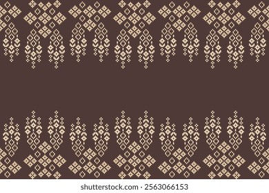 Ethnic pattern traditional motif ikat geometric fabric pattern cross stitch.Ikat embroidery Ethnic oriental Pixel brown background.Abstract,vector,illustration. Texture,decoration,wallpaper.