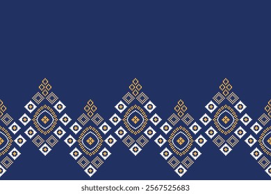 Ethnic pattern traditional motif ikat geometric fabric pattern cross stitch.Ikat embroidery Ethnic oriental Pixel blue background.Abstract,vector,illustration. Texture,decoration,wallpaper.