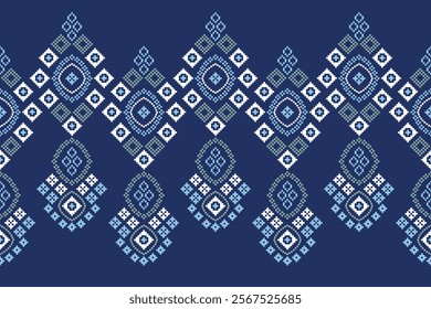 Ethnic pattern traditional motif ikat geometric fabric pattern cross stitch.Ikat embroidery Ethnic oriental Pixel blue background.Abstract,vector,illustration. Texture,decoration,wallpaper.