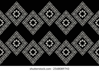 Ethnic pattern traditional motif ikat geometric black fabric pattern cross stitch.Ikat embroidery Ethnic oriental Pixel black background.Abstract,vector,illustration. Texture,decoration,wallpaper.