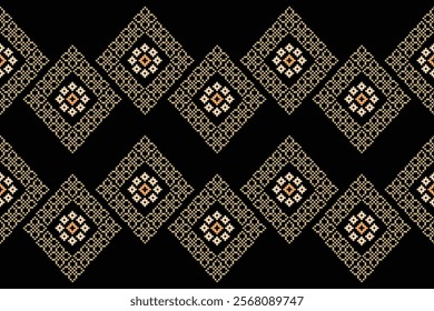 Ethnic pattern traditional motif ikat geometric black fabric pattern cross stitch.Ikat embroidery Ethnic oriental Pixel black background.Abstract,vector,illustration. Texture,decoration,wallpaper.