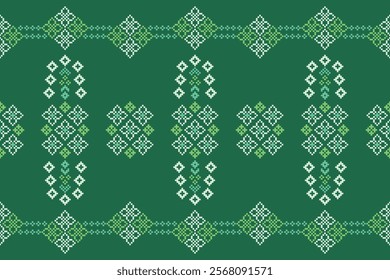 Ethnic pattern traditional motif ikat geometric black fabric pattern cross stitch.Ikat embroidery Ethnic oriental Pixel green background.Abstract,vector,illustration.Texture,decoration,wallpaper.