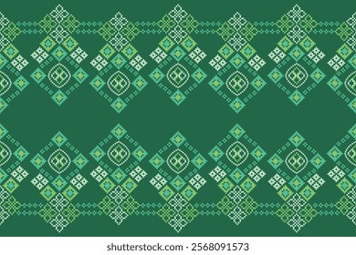 Ethnic pattern traditional motif ikat geometric black fabric pattern cross stitch.Ikat embroidery Ethnic oriental Pixel green background.Abstract,vector,illustration.Texture,decoration,wallpaper.