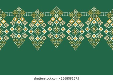 Ethnic pattern traditional motif ikat geometric black fabric pattern cross stitch.Ikat embroidery Ethnic oriental Pixel green background.Abstract,vector,illustration.Texture,decoration,wallpaper.