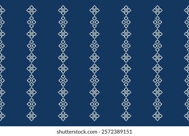 Ethnic pattern traditional motif ikat geometric fabric pattern cross stitch.Ikat embroidery Ethnic oriental Pixel blue background.Abstract,vector,illustration. Texture,decoration,wallpaper.