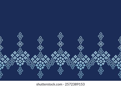 Ethnic pattern traditional motif ikat geometric fabric pattern cross stitch.Ikat embroidery Ethnic oriental Pixel blue background.Abstract,vector,illustration. Texture,decoration,wallpaper.