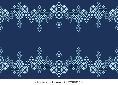 Ethnic pattern traditional motif ikat geometric fabric pattern cross stitch.Ikat embroidery Ethnic oriental Pixel blue background.Abstract,vector,illustration. Texture,decoration,wallpaper.