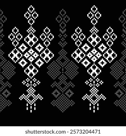 Ethnic pattern traditional motif ikat geometric black fabric pattern cross stitch.Ikat embroidery Ethnic oriental Pixel black background.Abstract,vector,illustration. Texture,decoration,wallpaper.