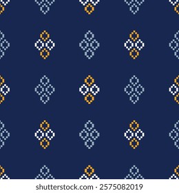 Ethnic pattern traditional motif ikat geometric fabric pattern cross stitch.Ikat embroidery Ethnic oriental Pixel blue background.Abstract,vector,illustration. Texture,decoration,wallpaper.