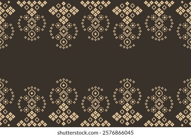 Ethnic pattern traditional motif ikat geometric fabric pattern cross stitch.Ikat embroidery Ethnic oriental Pixel brown background.Abstract,vector,illustration. Texture,decoration,wallpaper.