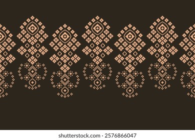 Ethnic pattern traditional motif ikat geometric fabric pattern cross stitch.Ikat embroidery Ethnic oriental Pixel brown background.Abstract,vector,illustration. Texture,decoration,wallpaper.