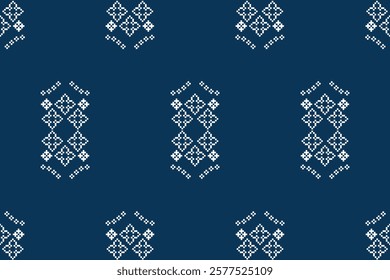 Ethnic pattern traditional motif ikat geometric fabric pattern cross stitch.Ikat embroidery Ethnic oriental Pixel blue background.Abstract,vector,illustration. 