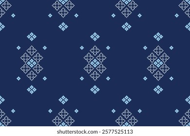 Ethnic pattern traditional motif ikat geometric fabric pattern cross stitch.Ikat embroidery Ethnic oriental Pixel blue background.Abstract,vector,illustration. 