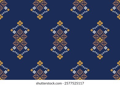 Ethnic pattern traditional motif ikat geometric fabric pattern cross stitch.Ikat embroidery Ethnic oriental Pixel blue background.Abstract,vector,illustration. 