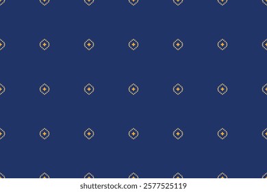 Ethnic pattern traditional motif ikat geometric fabric pattern cross stitch.Ikat embroidery Ethnic oriental Pixel blue background.Abstract,vector,illustration. 