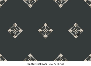 Ethnic pattern traditional motif ikat geometric fabric pattern cross stitch.Ikat embroidery Ethnic oriental Pixel gray grey color background.Abstract,vector,illustration.