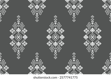 Ethnic pattern traditional motif ikat geometric fabric pattern cross stitch.Ikat embroidery Ethnic oriental Pixel gray grey color background.Abstract,vector,illustration.