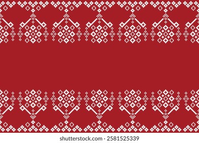 Ethnic pattern traditional motif ikat geometric fabric pattern cross stitch. Embroidery Ethnic oriental Pixel red background. Abstract,vector,illustration. Texture,christmas,decoration,wallpaper.