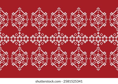 Ethnic pattern traditional motif ikat geometric fabric pattern cross stitch. Embroidery Ethnic oriental Pixel red background. Abstract,vector,illustration. Texture,christmas,decoration,wallpaper.