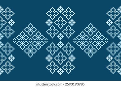 Ethnic pattern traditional motif ikat geometric fabric pattern cross stitch.Ikat embroidery Ethnic oriental Pixel blue background.Abstract,vector,illustration. Texture,decoration,wallpaper.