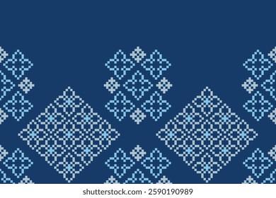 Ethnic pattern traditional motif ikat geometric fabric pattern cross stitch.Ikat embroidery Ethnic oriental Pixel blue background.Abstract,vector,illustration. Texture,decoration,wallpaper.