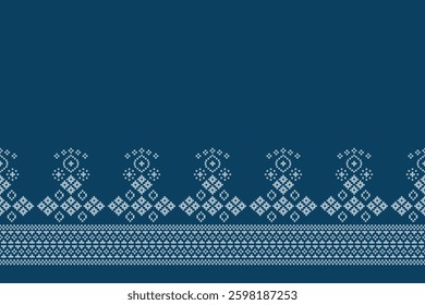 Ethnic pattern traditional motif ikat geometric fabric pattern cross stitch.Ikat embroidery Ethnic oriental Pixel blue background.Abstract,vector,illustration. Texture,decoration,wallpaper.