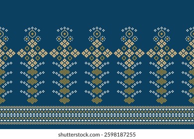Ethnic pattern traditional motif ikat geometric fabric pattern cross stitch.Ikat embroidery Ethnic oriental Pixel blue background.Abstract,vector,illustration. Texture,decoration,wallpaper.